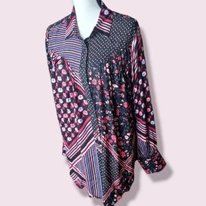 FREE PEOPLE L FLORAL AND STRIPED DESIGN BLACK RED Button-down  Blouse